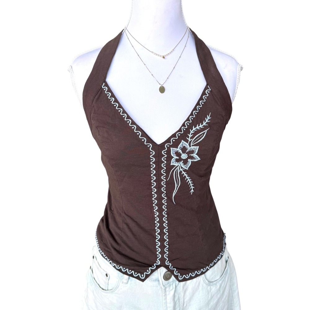 Princess Polly Gustavo Halter Top Brown Embroidered Boho Western Y2K Floral 4